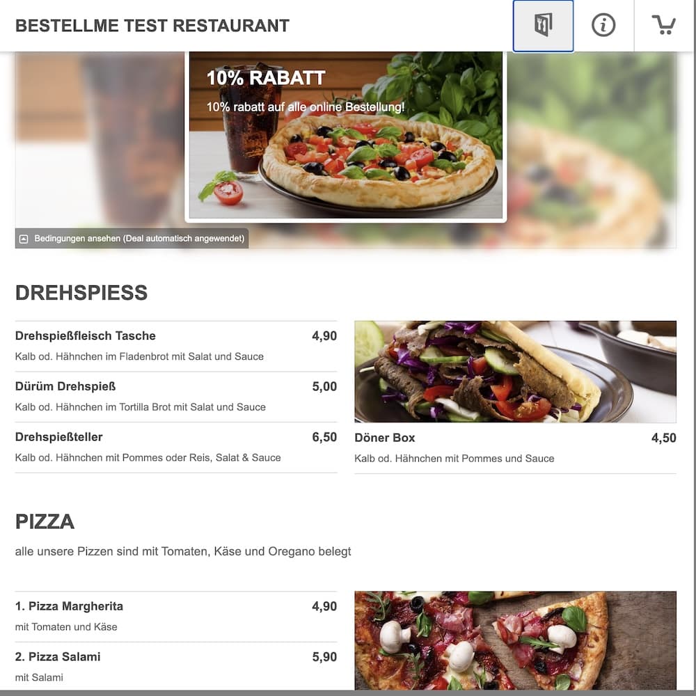 Bestellseite eines Restaurants mit Bestellme